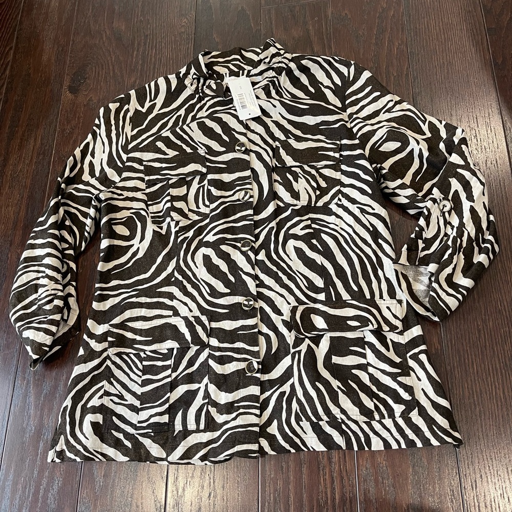 Chico’s Striped Stunner Farah Jacket Pattern Brown Linen Women Size Medium NEW